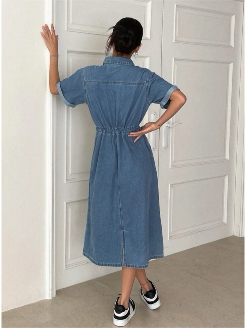 DAZY Denim Drawstring Short Sleeve Summer Midi Dress - Picture 7 of 7